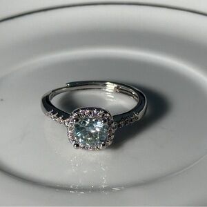 Light blue moissanite 1CT cushion cut women’s Ring white gold plated adjustable
